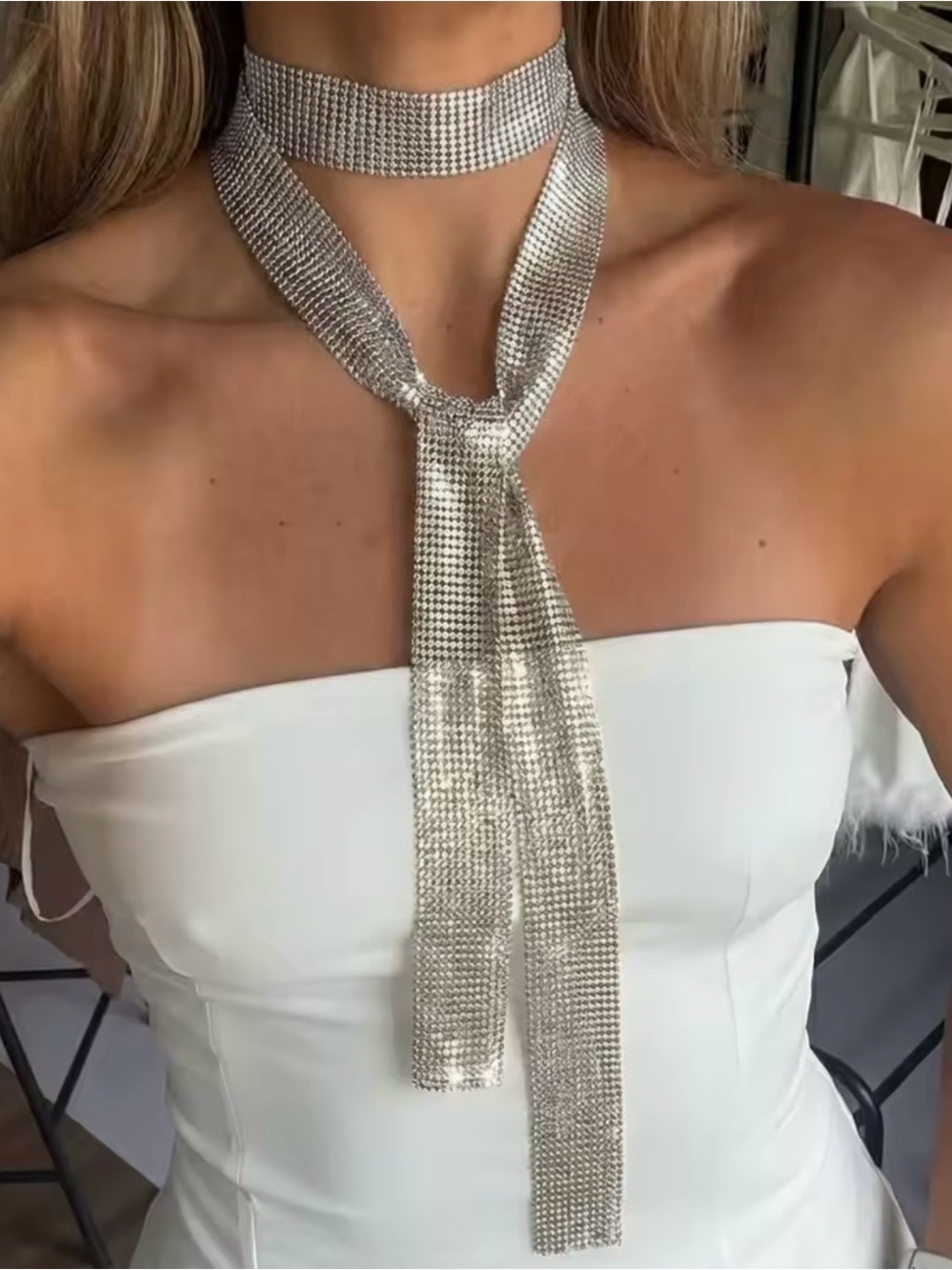 Silver Mesh Tie Choker Necklace - Women Jewelry